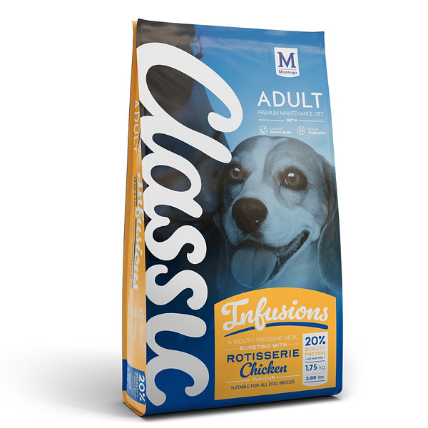 Montego Classic Adult Infusions Rotisserie Chicken is a new premium, balanced diet specially formulated to meet your dog’s nutritional needs.